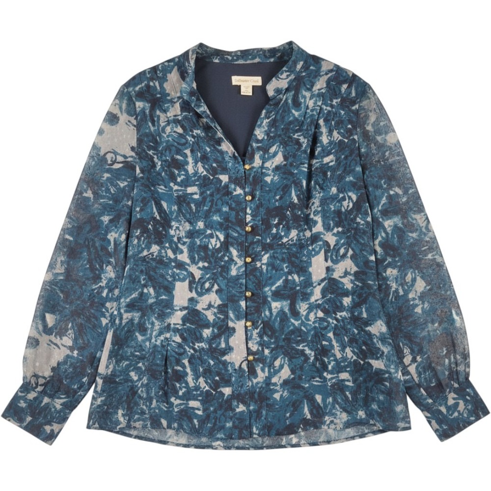 Coldwater Creek Blue Floral Clip Dot Button Front Blouse Plus Size 1X